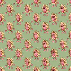 Seamless pattern with cute y2k sunflower character. Cartoon doodle vector illustration.