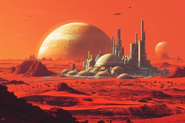 A futuristic city on Mars with domed habitats and advanced technology, set against a red Martian landscape
