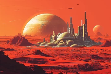 Keuken spatwand met foto A futuristic city on Mars with domed habitats and advanced technology, set against a red Martian landscape © Nino Lavrenkova