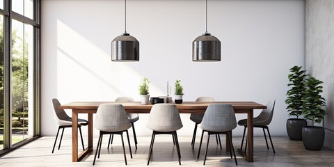 Contemporary and antique dining area with dark wooden table, gray chairs, and chic lighting. Simple white wall. Artistic decor.