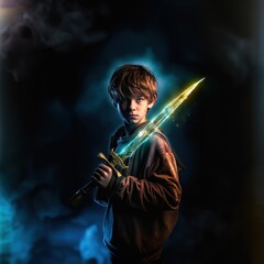 Epic Battle: Teenager Wielding Magical Sword in Intense Night Scene - generative ai