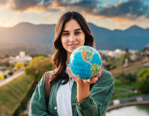 Beautiful young woman activist holding planet earth globe in her hand in climate action and environmental conservation concept