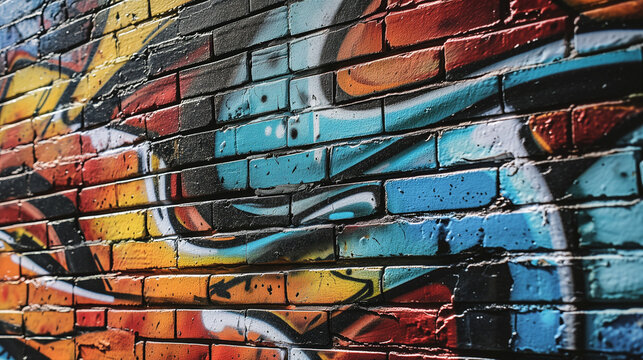 Fototapeta Urban Art Wallpaper: Background Featuring a Brick Wall Adorned with Colorful Graffiti, Embracing the Vibrancy and Expressiveness of Street Art