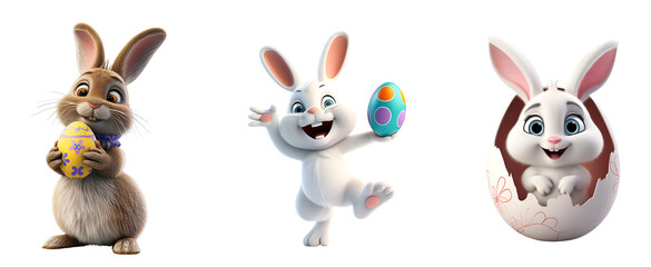 3D Rendered Set of Cartoon Rabbit Illustration: Easter Bunny with Egg, Isolated on Transparent Background, PNG