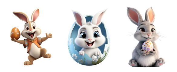 Set of Easter Bunny and Egg: 3D Render of Rabbit Cartoon Illustration, Isolated on Transparent Background, PNG