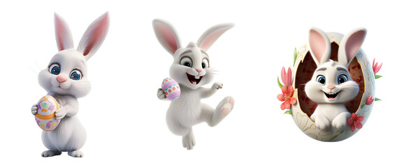 Cartoon Rabbit Illustration: Easter Bunny with Egg in 3D Rendered Set, Isolated on Transparent Background, PNG