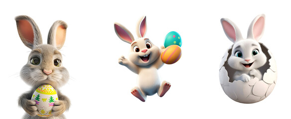 Obraz premium Easter Bunny with Egg: Set of 3D Rendered Rabbit Cartoon Illustrations, Isolated on Transparent Background, PNG