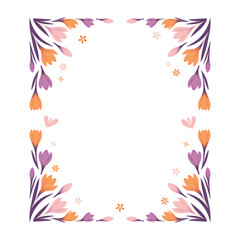 Fototapeta na wymiar Rectangular frame with floral design of crocuses. Vector illustration. Design of letters, invitations, congratulations, announcements, gift certificates. Spring, international women's day, wedding