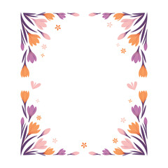 Rectangular frame with floral design of crocuses. Vector illustration. Design of letters, invitations, congratulations, announcements, gift certificates.  Spring, international women's day, wedding
