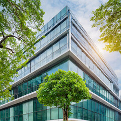 Eco-friendly building in the modern city. Sustainable glass office building with tree for reducing heat and carbon dioxide. Office building with green environment