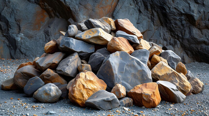 Large pile of multi-toned rocks against a rugged cliff