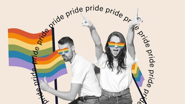 Young man and woman celebrating pride month. Expressing social support. Stop motion, animation. Concept of human rights, equality, social issues, acceptance and freedom. Banner, poster, ad