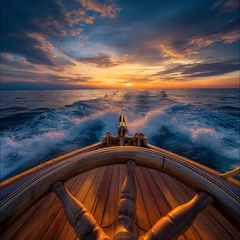 Wandaufkleber Ship Wheel on Yacht amidst Vast Sea and Sky at Sunset. © Nim