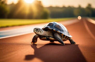 turtle outdoors on road at sunset.
