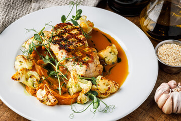 Grilled chicken fillet with roasted cauliflower and sweet potato puree