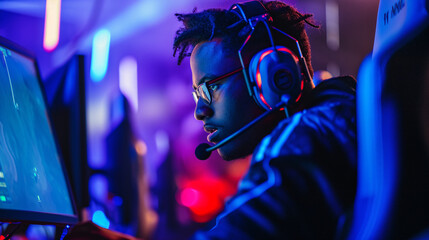 eSports competitive black male gamer in the heat of intense gameplay