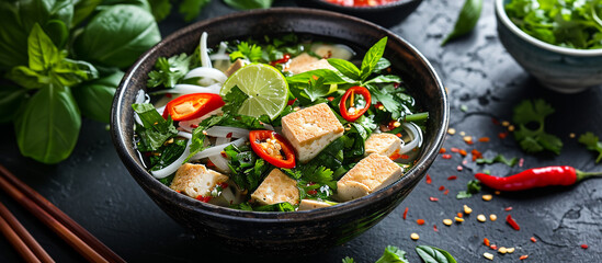 Vietnamese pho with tofu, green herbs and chili slices in a bowl