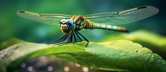 closeup of swamp darner dragonfly Epiaeschna heros sitting on green leaf against blurred backgroun