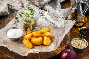 Potato wedges with herring with onions in a jar sour cream on a wooden board