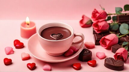 Fototapeta na wymiar Valentine's Day concept. Top view photo of red roses heart shaped candles and saucer with chocolate candies on isolated pastel pink background with copyspace