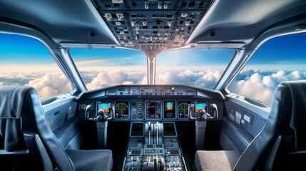 View of the cockpit with the control panel and the pilot's seat. The cockpit of an airplane during a flight in the sky above white clouds at sunset.