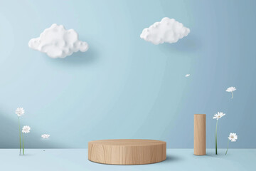 Paper art and digital craft style of wood cylinder podium with clouds for products display presentation mock up show cosmetic. 