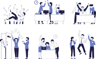 A set of scenes of successful work in the office. Congratulations and joy to business colleagues.