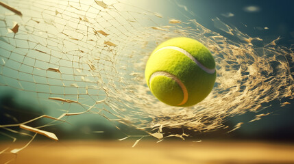 A tennis ball breaks a tennis net at high speed. AI Generated