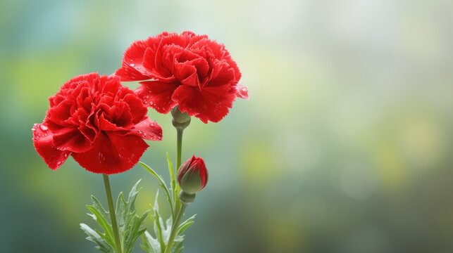 Red carnations on a blurred background with space for text