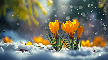 Crocuses yellow grow in the garden under the snow on a spring sunny day. 