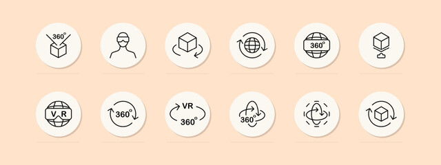 VR line icon set. 360 degrees, virtual reality helmet, future technologies, viewing. Pastel color background. Vector line icon for business and advertising
