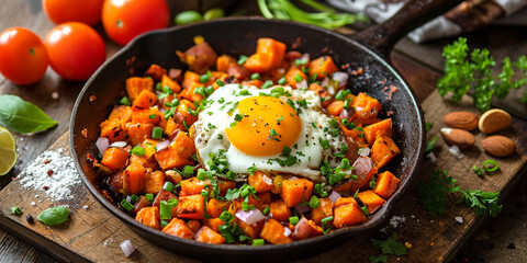The cafe offers a plate of sweet potato hash - obrazy, fototapety, plakaty