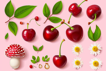 Cherry fruit with green leaves mushrooms and daisy flower icons signs on pink background vector illustration. 