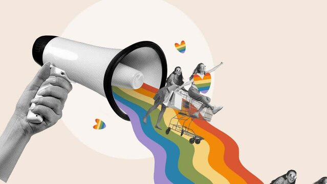 Cheerful young girls on shopping trolley over hand with loudspeaker and rainbow element. Stop motion, animation. Concept of human rights, equality, acceptance and freedom. Banner, poster, ad