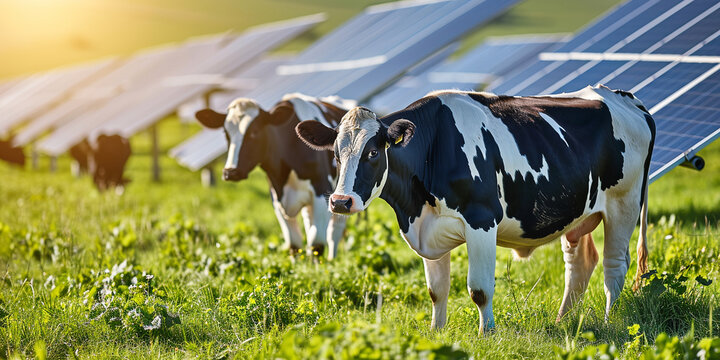 cows graze in a meadow against the backdrop of solar panels