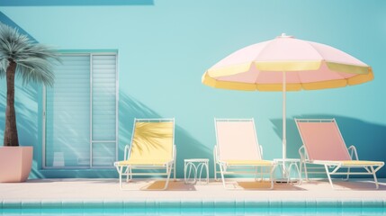 Pastel colors. A pool scene with sun loungers and umbrellas on a sunny summer day.