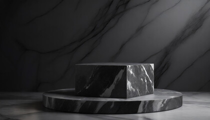Black marble podium with different level on a dark marbled floor and backdrop. Ideal for product display, highlighting elegance and luxury