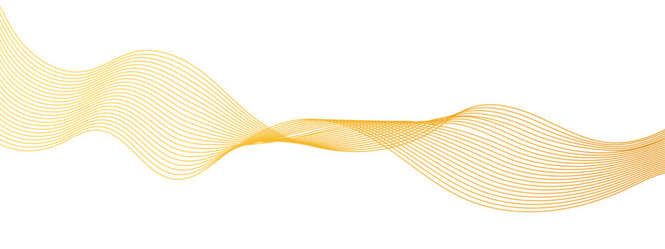 Abstract flowing golden dots particles wave curved lines on transparent background. Golden halftone gradient smooth curve line shape. Design for frequency sound, technology, science, banner, business.