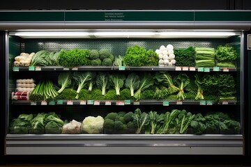 Assorted fresh green produce displayed in the refrigerated section of a local grocery store - obrazy, fototapety, plakaty