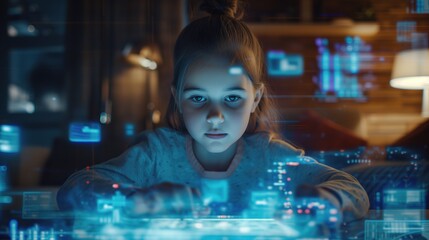 The girl and the technology of the future. The concept - individuals of all ages can adapt and contribute in the digital age.