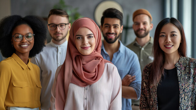 A multicultural team wearing ethnic clothing.