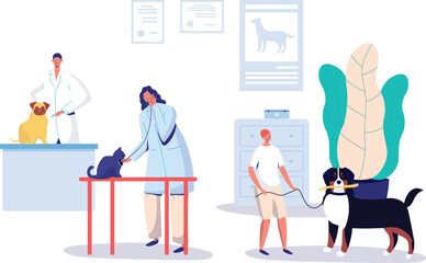 Young male veterinarian treating animals, female vet inspecting a cat on table, boy with dog waiting. Pet care clinic scene with diverse pets and owners, modern vet hospital setting.