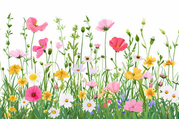 Summer and spring blossom forest and garden flowers field isolated on white background. Nature springtime flower. 