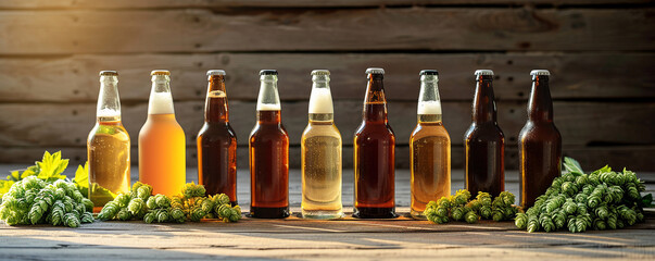 line of craft beer bottles on rustic wooden surface - obrazy, fototapety, plakaty