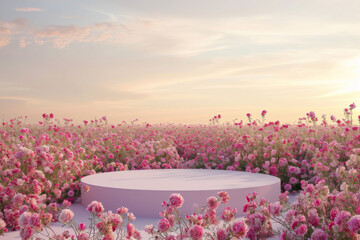 Natural beauty podium backdrop with spring rose flower field scene. 