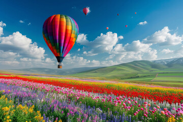 Naklejka premium Elegant multi-color rural fields with flowers. Over field the huge air balloon flies 