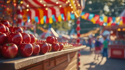 Fotobehang Vibrant fairground scene with fresh apples and festive decor. © sitimutliatul