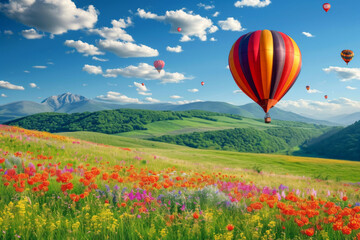 Elegant multi-color rural fields with flowers. Over field the huge air balloon flies.