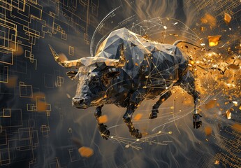Explosion of the Golden Bull Sculpture: a dynamic digital artistic depiction of a bull exploding into shimmering fragments