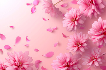 3d background with realistic pink chrysanthemum flowers and falling petals. 